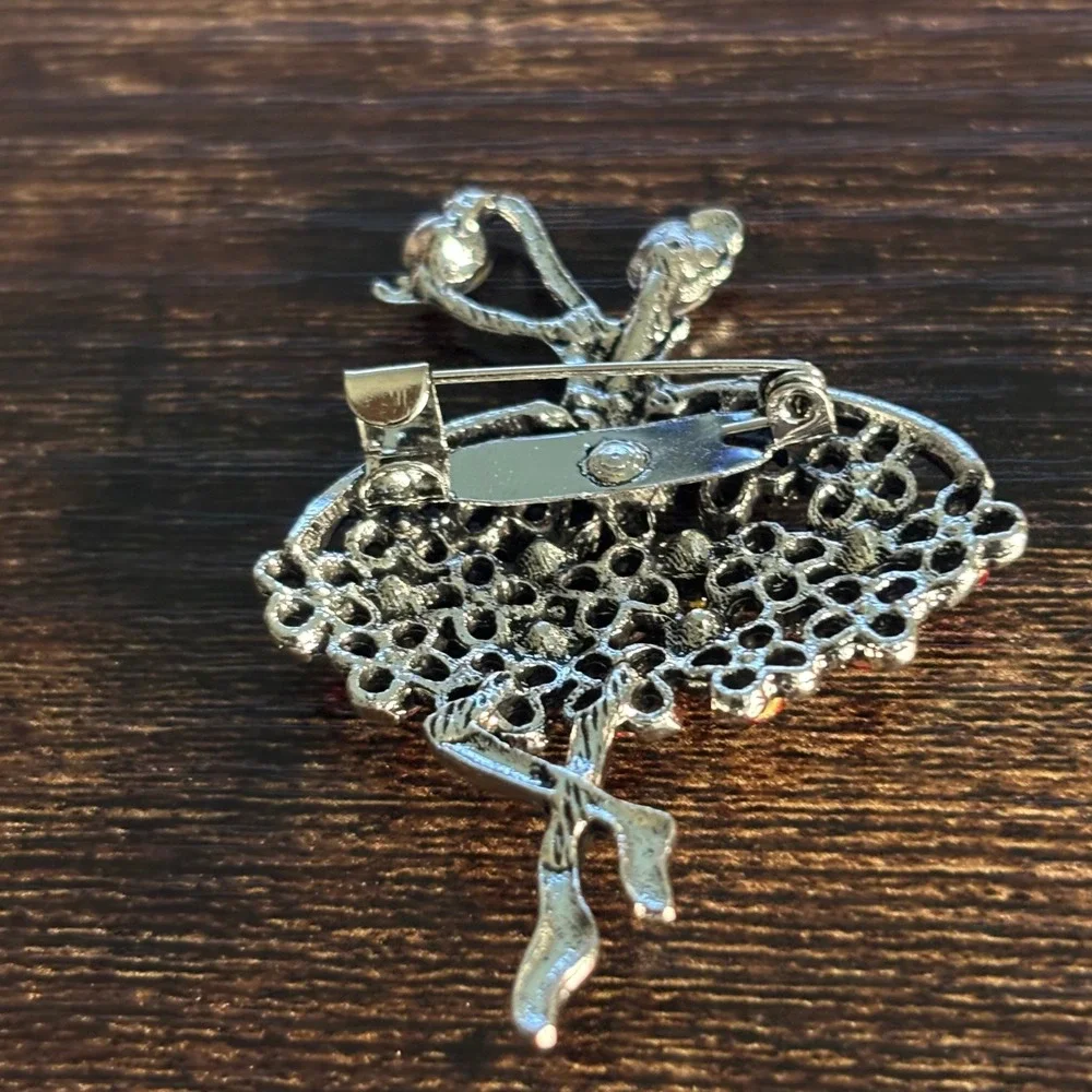 Silver Tone Red Rhinestone Ballerina Dancer Brooch Pin Aurora Borealis Accents